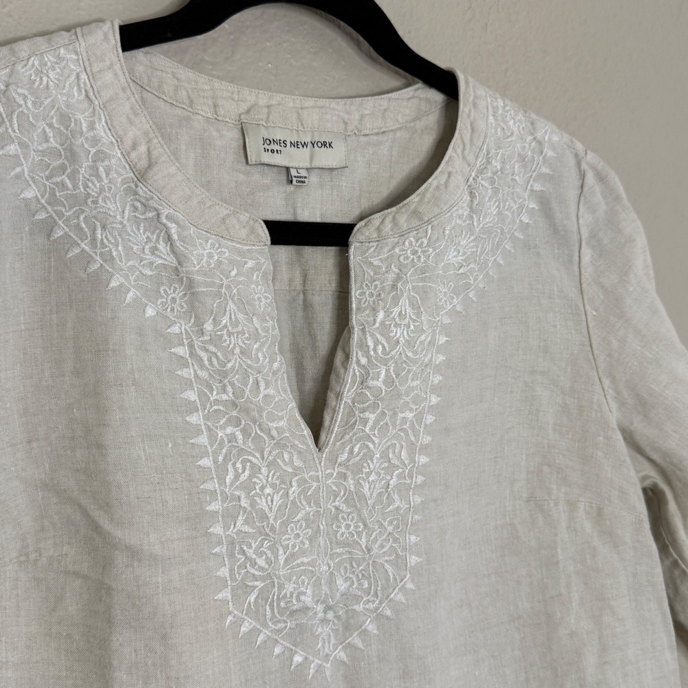 Womens Large Linen Embroidered Popover Tunic‎ Top Coastal Boho Preppy Neutral